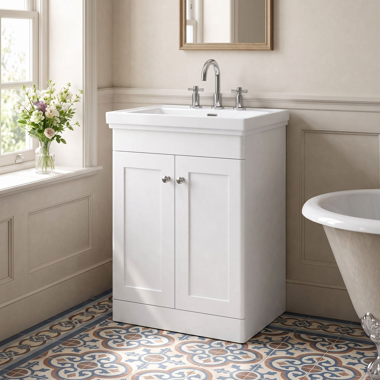 [BFCL125B] Swynnerton Traditional 2 Door Floor Standing Vanity Basin Unit with 3 Tap Hole Traditional Fireclay Basin, Choice of Size and Colour