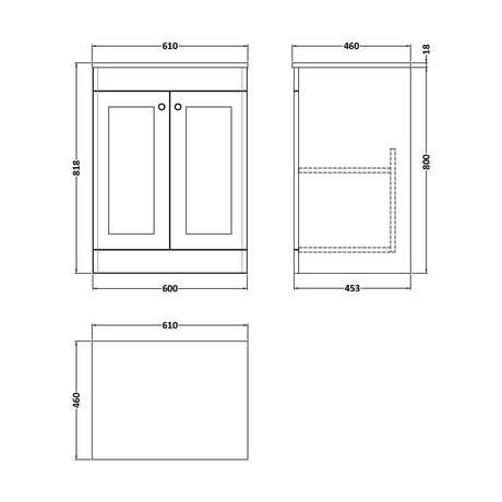 [BFCL125CMT] Swynnerton Traditional Floor Standing Vanity Unit with Marble Top, 600mm - Technical Drawing