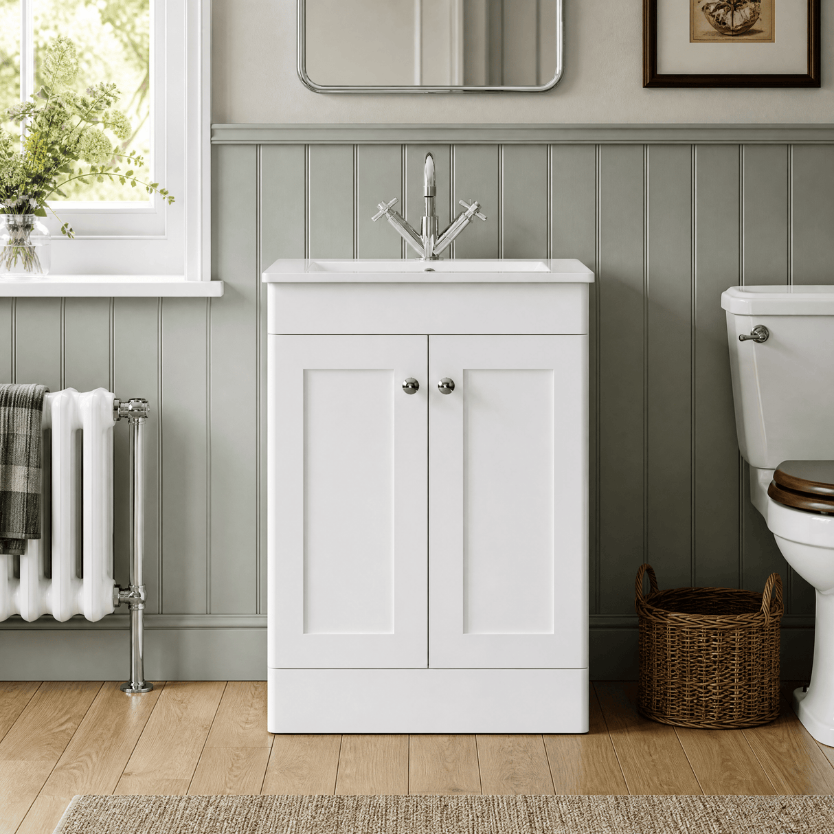 [BFCL125C] Swynnerton Traditional 2 Door Floor Standing Vanity Basin Unit with 1 Tap Hole Minimalist Ceramic Basin, Choice of Size and Colour