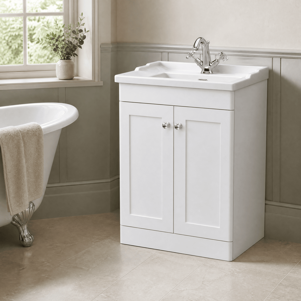 [BFCL125F] Swynnerton Traditional 2 Door Floor Standing Vanity Basin Unit with 1 Tap Hole Traditional Ceramic Basin, Choice of Size and Colour