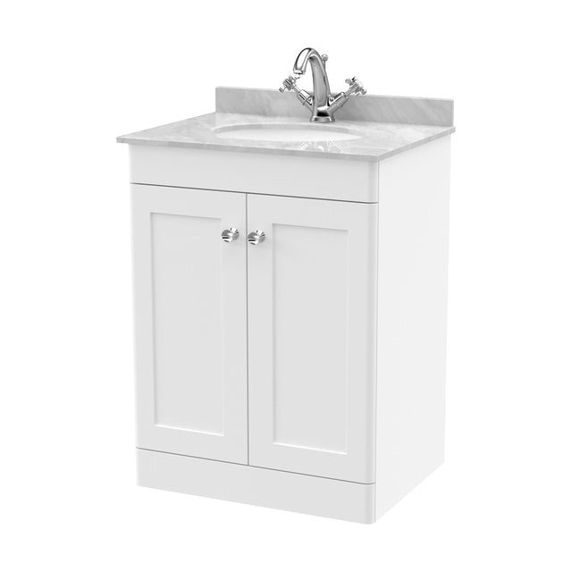 [BFCL125GR1] Swynnerton Traditional 2 Door Floor Standing Vanity Unit with Marble Basin, Satin White, 600mm - Cutout
