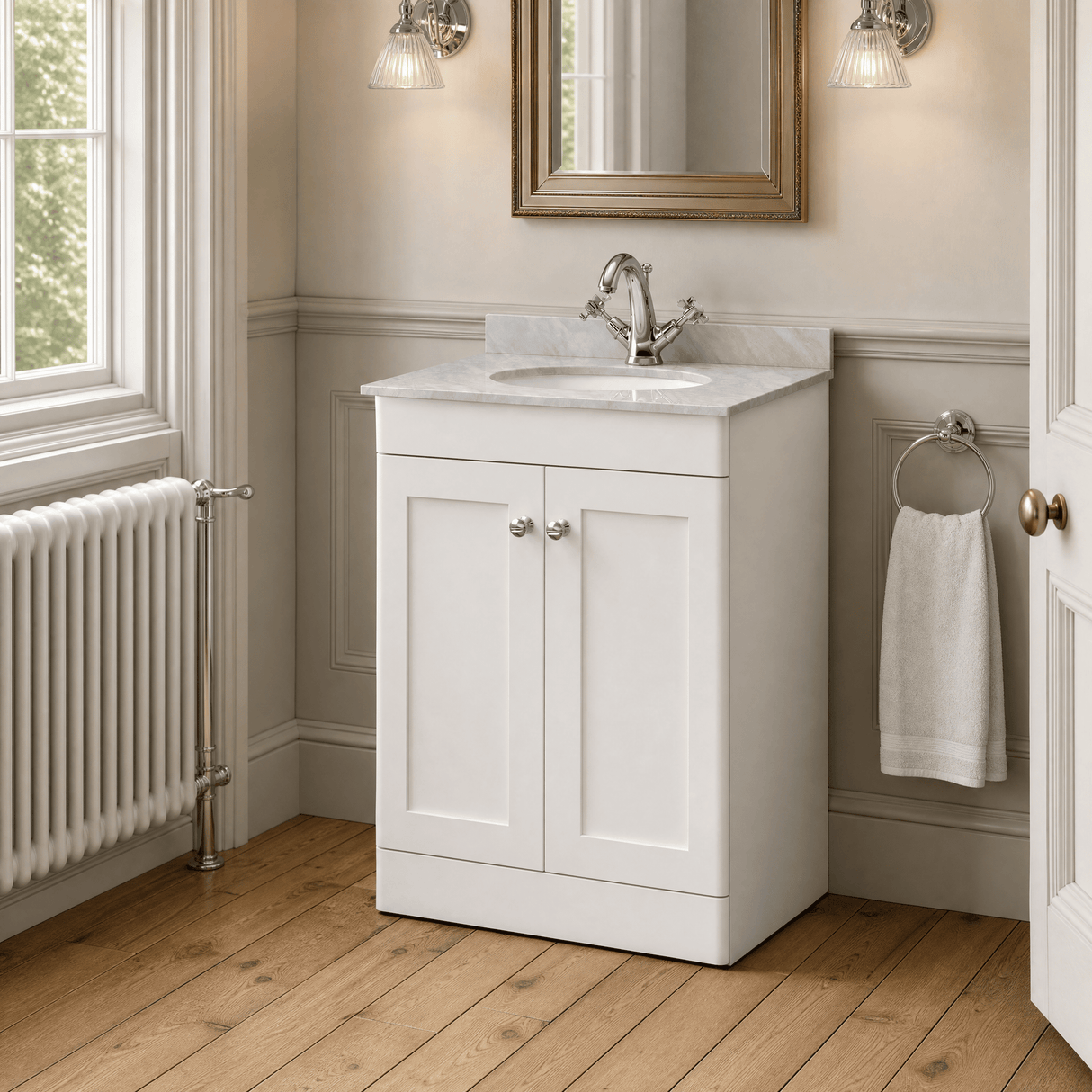 [BFCL125GR1] Swynnerton Traditional 2 Door Floor Standing Vanity Unit with Grey Marble Worktop and 1 Tap Hole Basin, Choice of Size and Colour