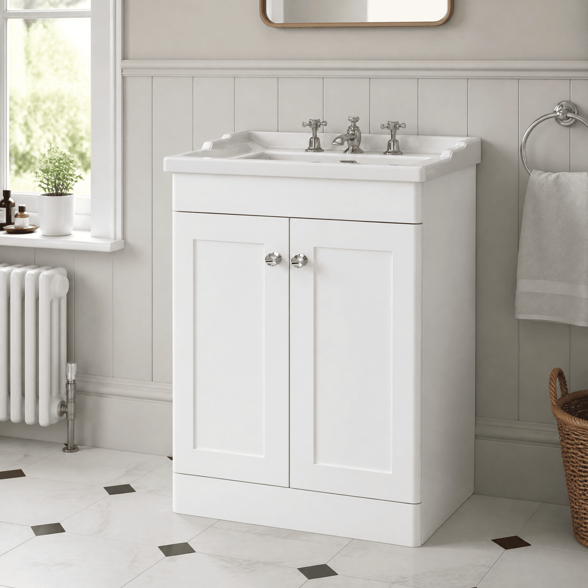 [BFCL125G] Swynnerton Traditional 2 Door Floor Standing Vanity Basin Unit with 3 Tap Hole Traditional Ceramic Basin, Choice of Size and Colour