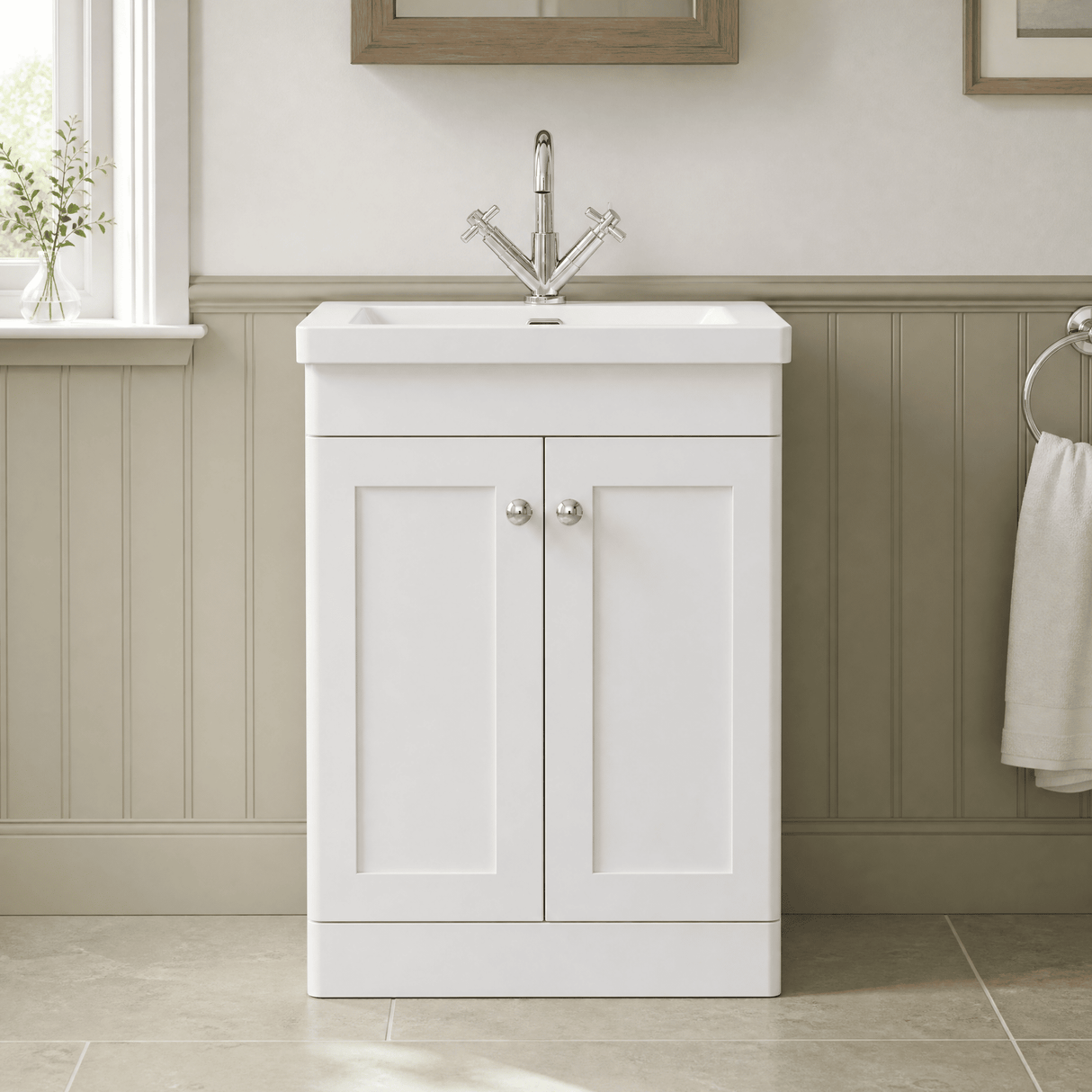 [BFCL125L] Swynnerton Traditional 2 Door Floor Standing Vanity Basin Unit with 1 Tap Hole Modern Fireclay Basin, Choice of Size and Colour