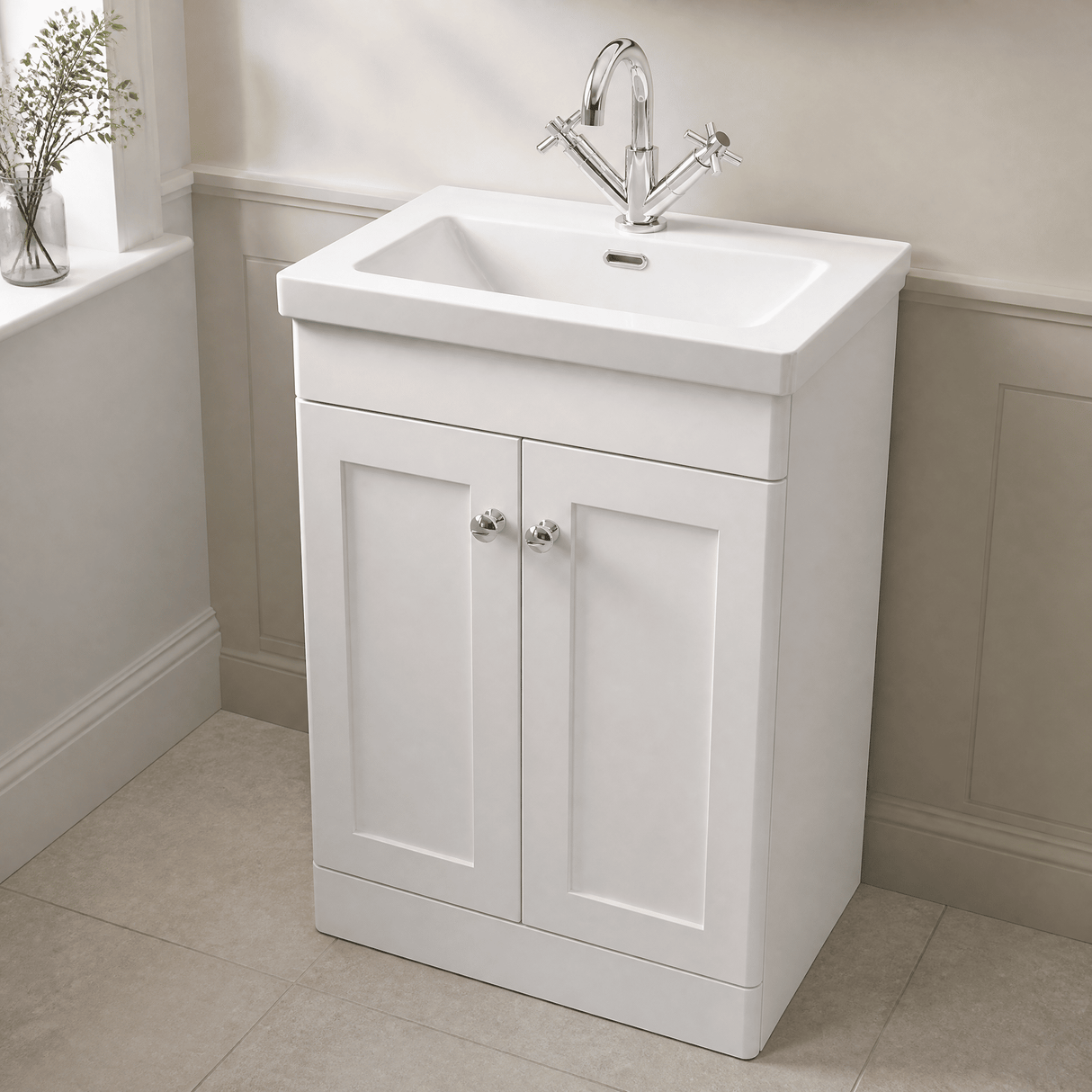 [BFCL125L] Swynnerton Traditional 2 Door Floor Standing Vanity Basin Unit with 1 Tap Hole Modern Fireclay Basin, Choice of Size and Colour