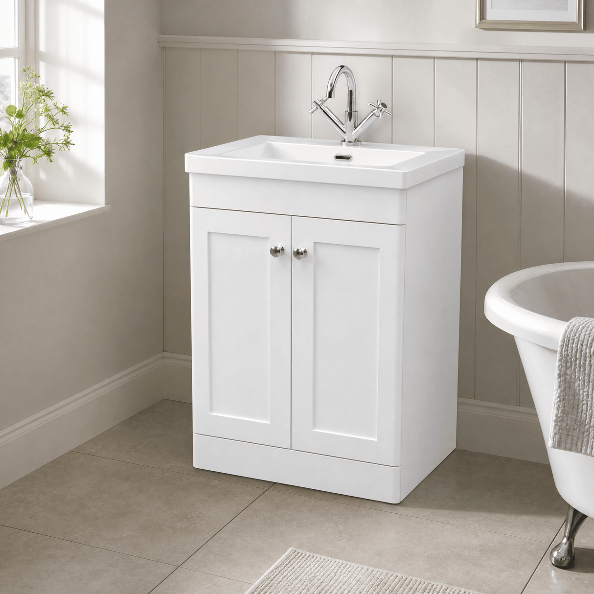 [BFCL125L] Swynnerton Traditional 2 Door Floor Standing Vanity Basin Unit with 1 Tap Hole Modern Fireclay Basin, Choice of Size and Colour