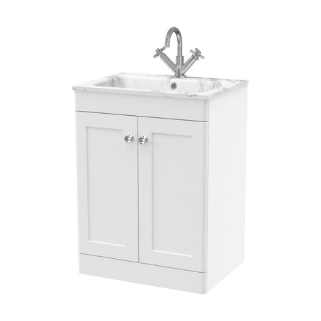 [BFCL125Q] Swynnerton Traditional 2 Door Floor Standing Vanity Unit with Stone Basin, Satin White, 600mm - Cutout