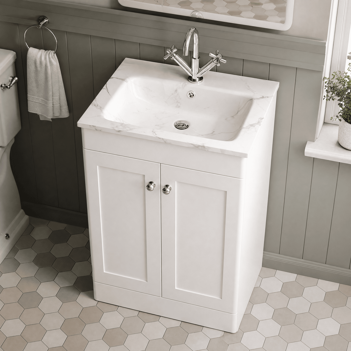 [BFCL125Q] Swynnerton Traditional 2 Door Floor Standing Vanity Basin Unit with 1 Tap Hole Marble Effect Stone Basin, Choice of Size and Colour