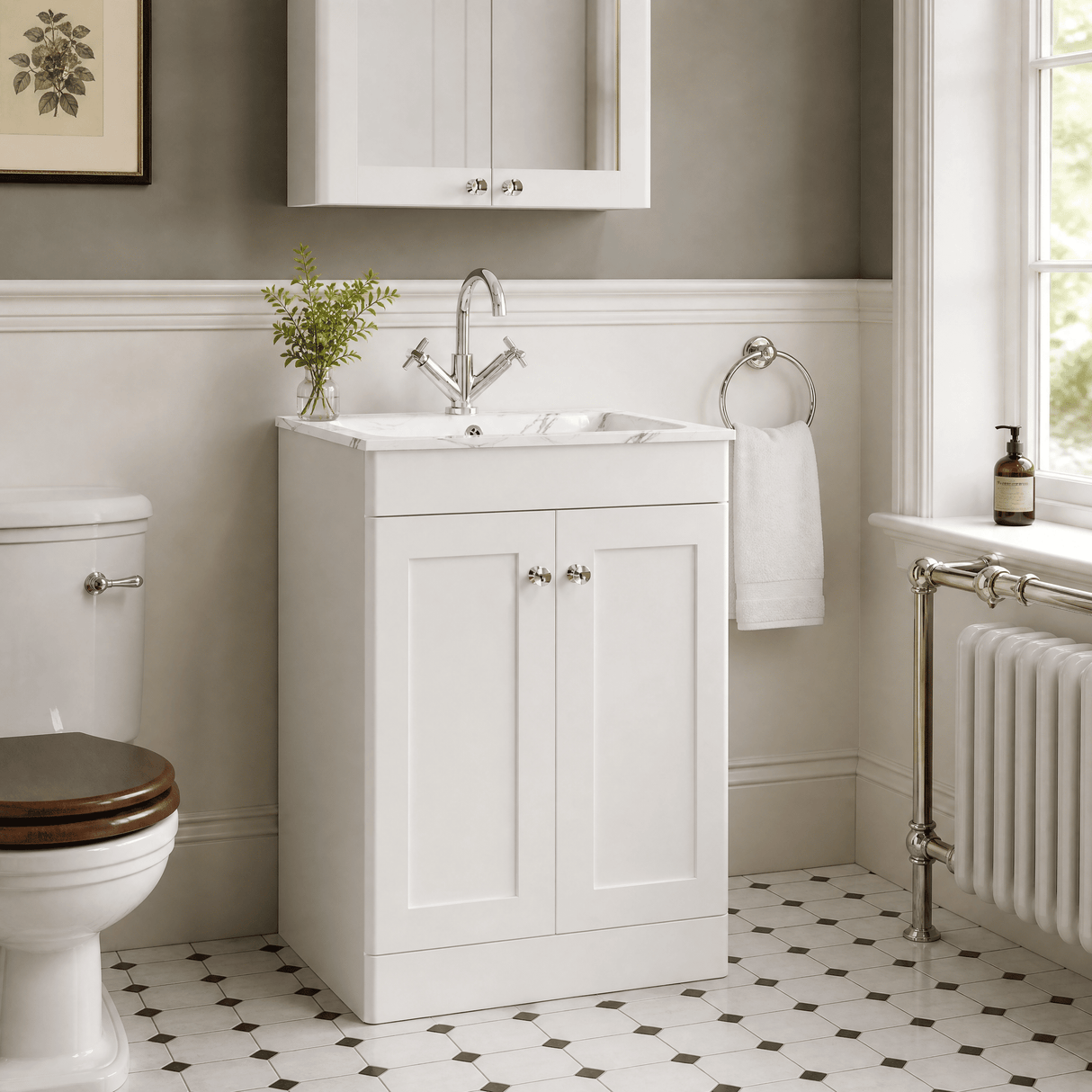 [BFCL125Q] Swynnerton Traditional 2 Door Floor Standing Vanity Basin Unit with 1 Tap Hole Marble Effect Stone Basin, Choice of Size and Colour