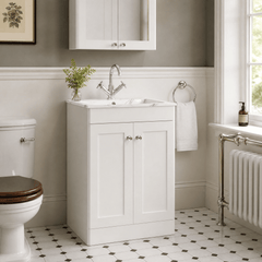 [BFCL125Q] Swynnerton Traditional 2 Door Floor Standing Vanity Basin Unit with 1 Tap Hole Marble Effect Stone Basin, Choice of Size and Colour
