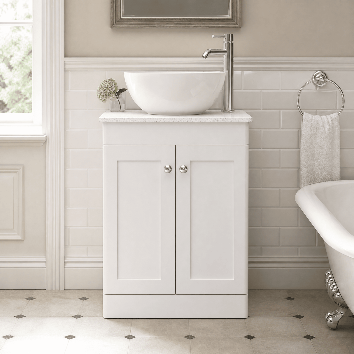 [BFCL125WMT] Swynnerton Traditional 2 Door Floor Standing Vanity Unit with White Marble Worktop, Choice of Size and Colour
