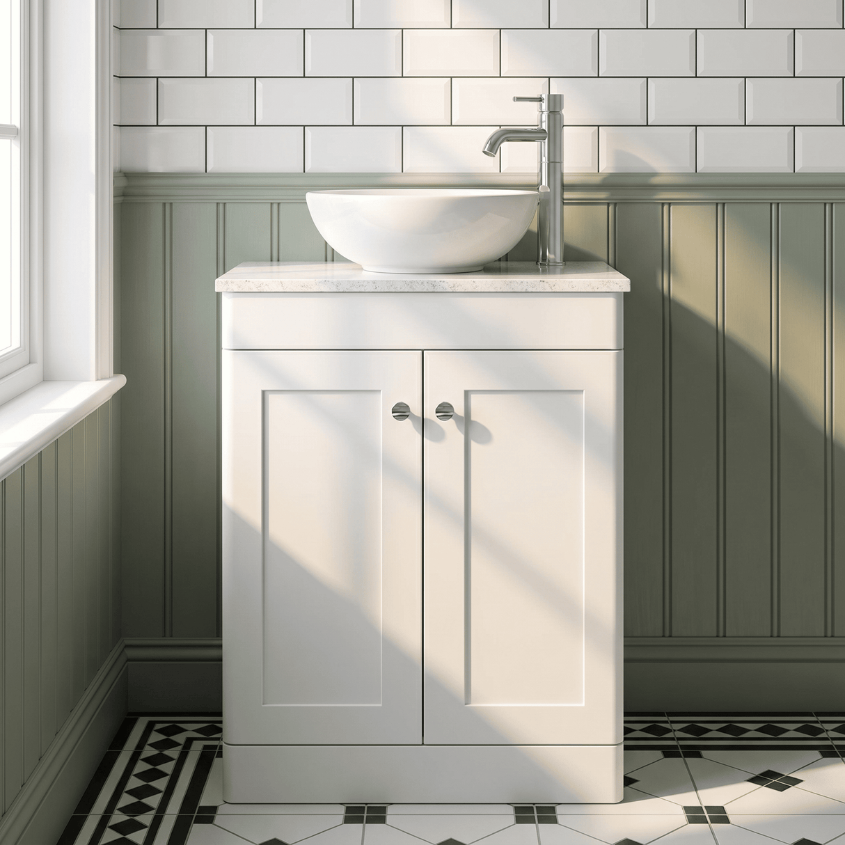 [BFCL125WMT] Swynnerton Traditional 2 Door Floor Standing Vanity Unit with White Marble Worktop, Choice of Size and Colour - Silo