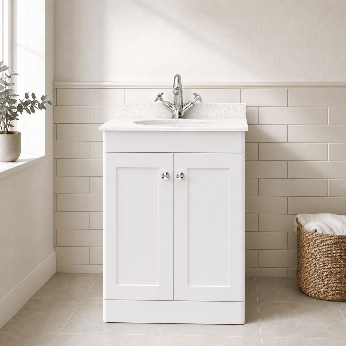 [BFCL125WR1] Swynnerton Traditional 2 Door Floor Standing Vanity Basin Unit with 1 Tap Hole White Marble Worktop and Basin, Choice of Size and Colour