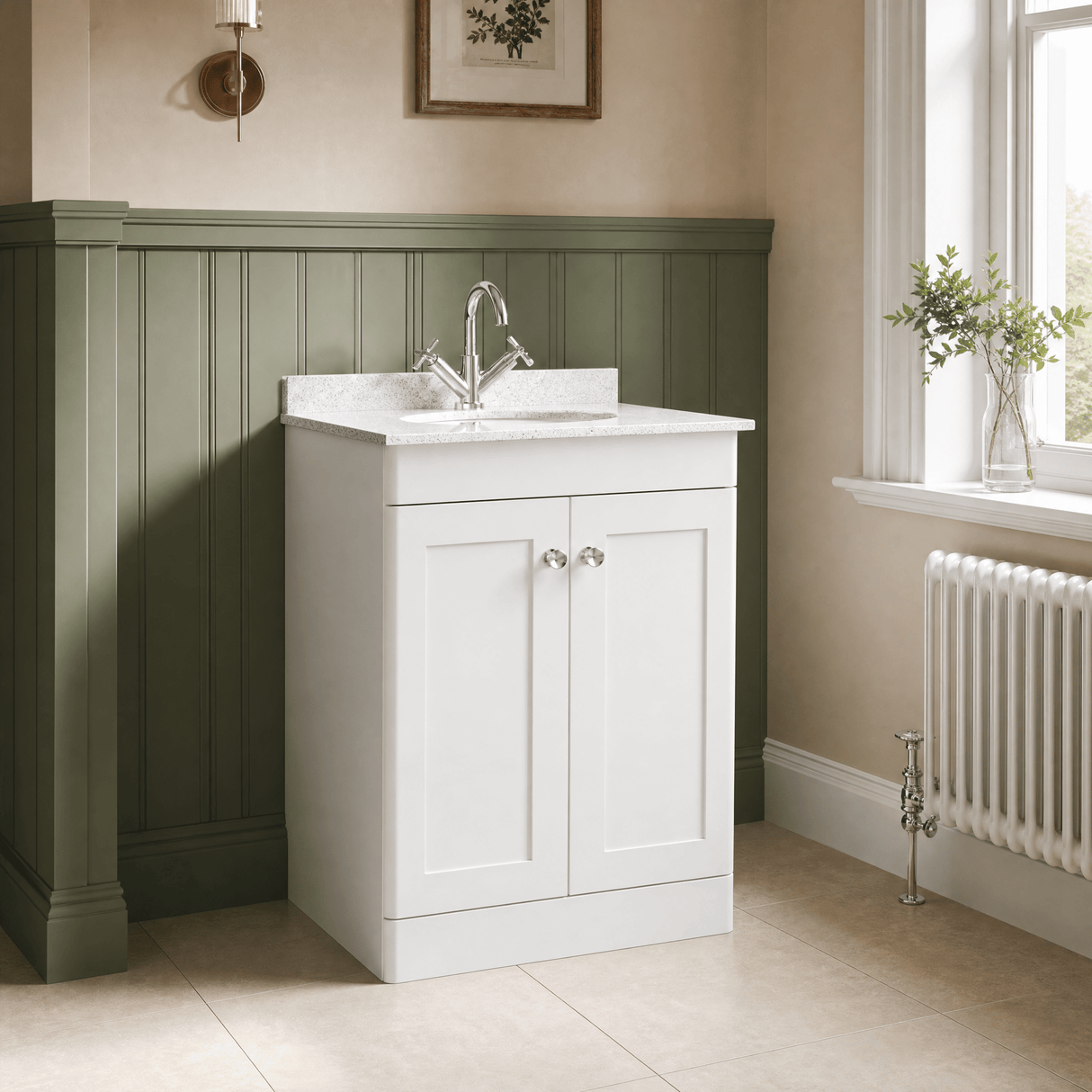[BFCL125WR1] Swynnerton Traditional 2 Door Floor Standing Vanity Basin Unit with 1 Tap Hole White Marble Worktop and Basin, Choice of Size and Colour