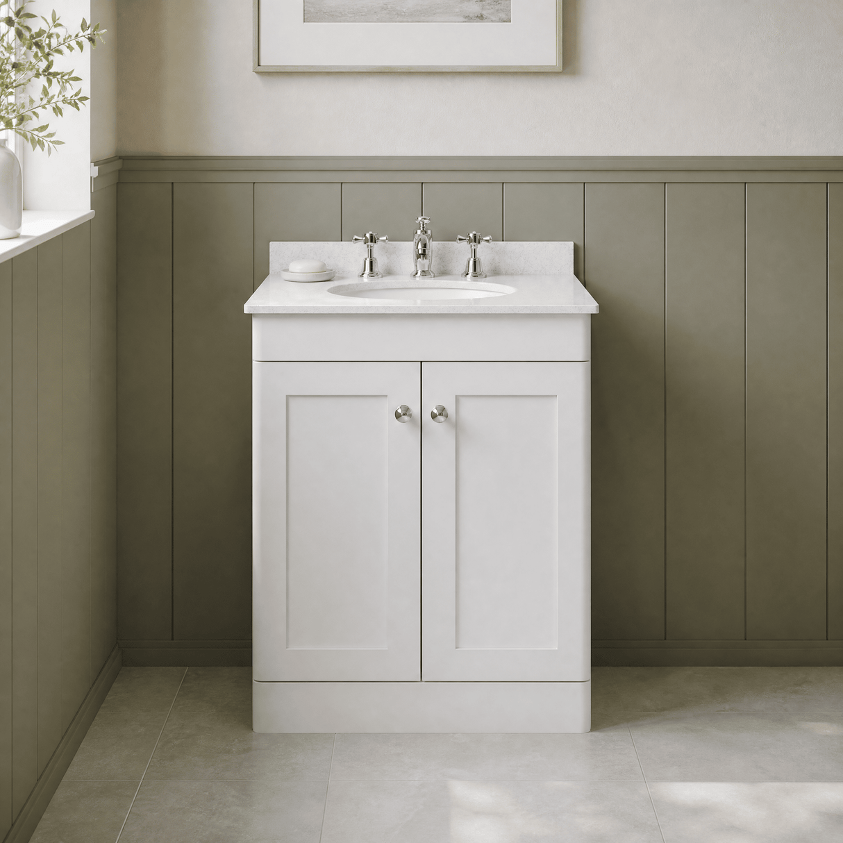 [BFCL125WR3] Swynnerton Traditional 2 Door Floor Standing Vanity Basin Unit with 3 Tap Hole White Marble Worktop and Basin, Choice of Size and Colour