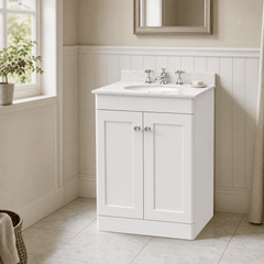 [BFCL125WR3] Swynnerton Traditional 2 Door Floor Standing Vanity Basin Unit with 3 Tap Hole White Marble Worktop and Basin, Choice of Size and Colour