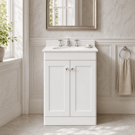 [BFCL125WR3] Swynnerton Traditional 2 Door Floor Standing Vanity Basin Unit with 3 Tap Hole White Marble Worktop and Basin, Choice of Size and Colour - Silo