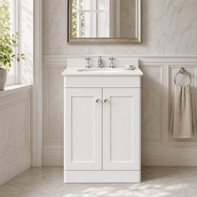 [BFCL125WR3] Swynnerton Traditional 2 Door Floor Standing Vanity Basin Unit with 3 Tap Hole White Marble Worktop and Basin, Choice of Size and Colour - Silo