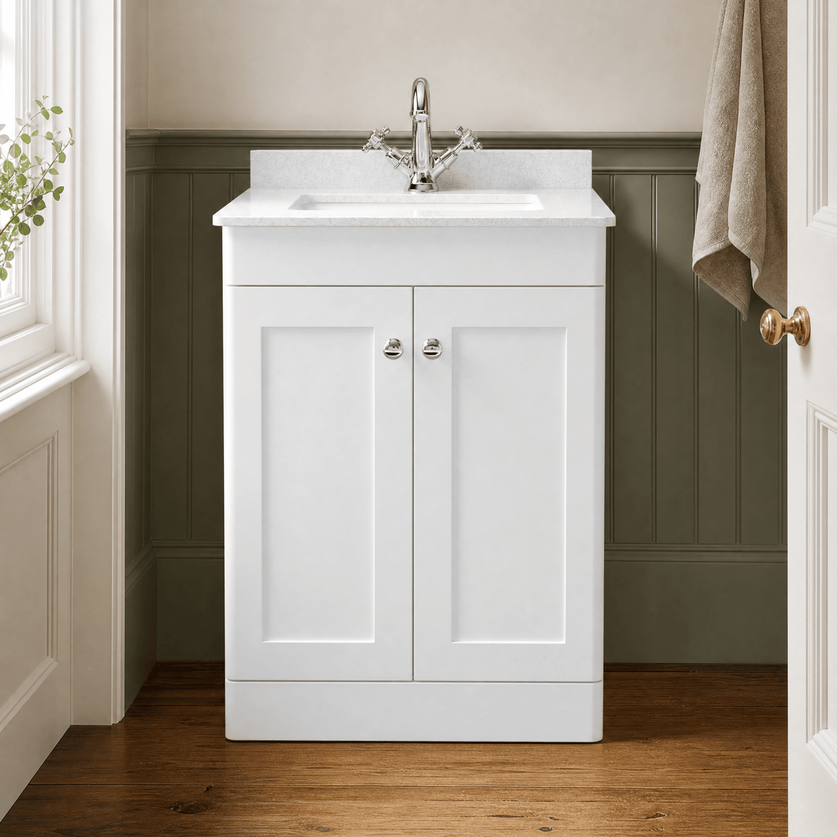 [BFCL125WS1] Swynnerton Traditional 2 Door Floor Standing Vanity Basin Unit with 1 Tap Hole White Marble Worktop and Square Basin, Choice of Size and Colour