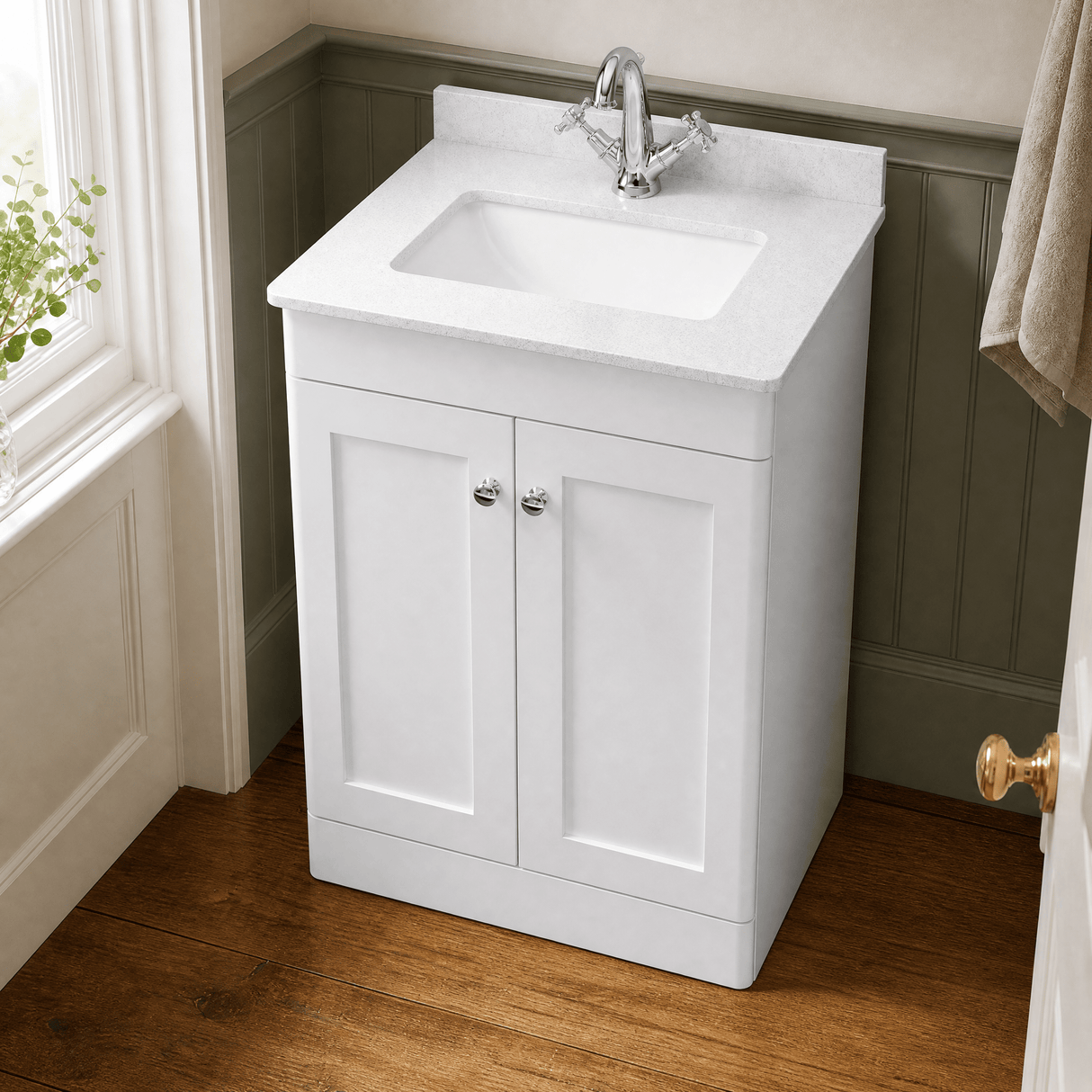 [BFCL125WS1] Swynnerton Traditional 2 Door Floor Standing Vanity Basin Unit with 1 Tap Hole White Marble Worktop and Square Basin, Choice of Size and Colour