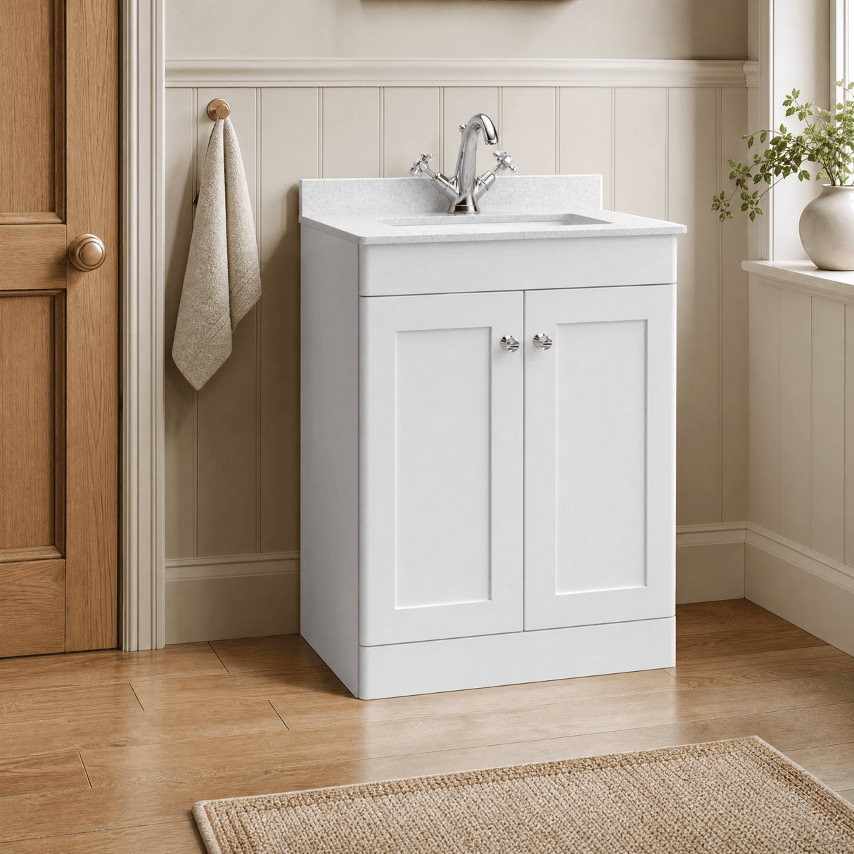 [BFCL125WS1] Swynnerton Traditional 2 Door Floor Standing Vanity Basin Unit with 1 Tap Hole White Marble Worktop and Square Basin, Choice of Size and Colour