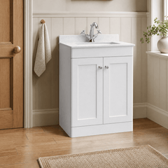 [BFCL125WS1] Swynnerton Traditional 2 Door Floor Standing Vanity Basin Unit with 1 Tap Hole White Marble Worktop and Square Basin, Choice of Size and Colour
