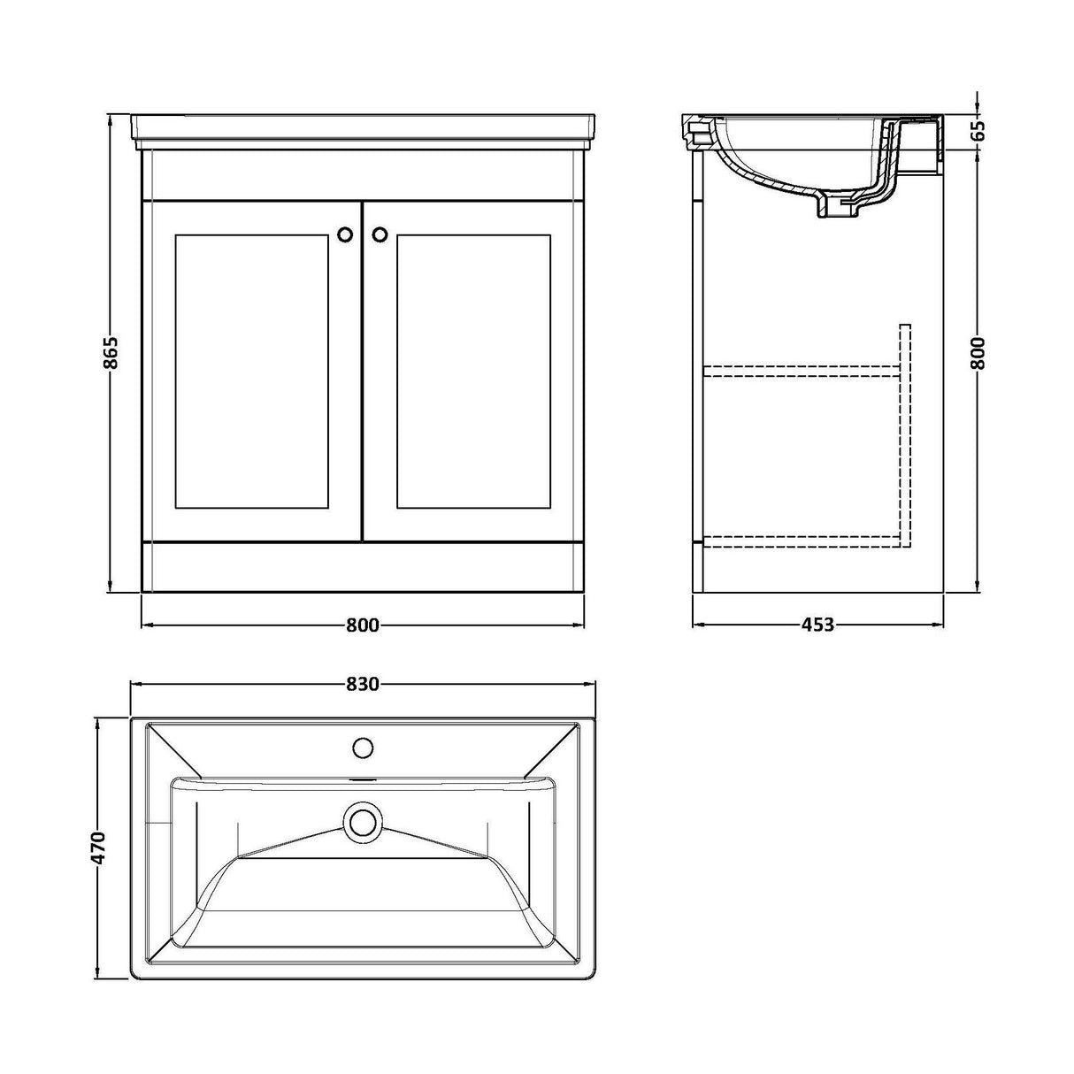 [BFCL126A] Swynnerton Traditional Floor Standing Vanity Basin Unit with 1 Tap Hole Ceramic Basin - Choice of Size and Finish - Technical Drawing