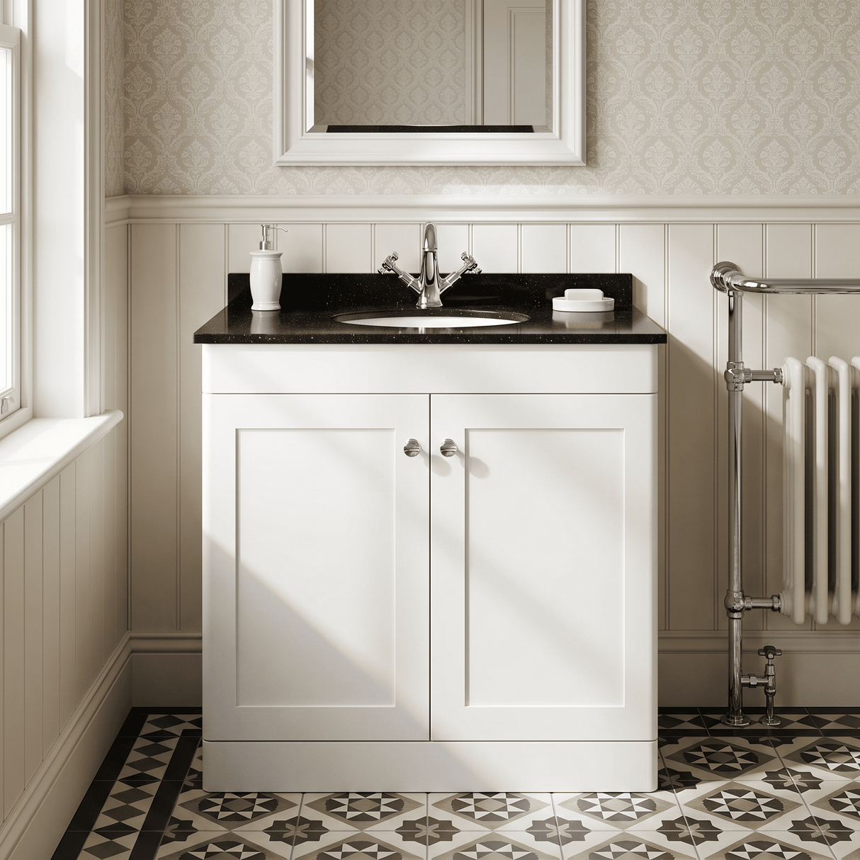 [BFCL126BR1] Swynnerton Traditional 2 Door Floor Standing Vanity Unit with Black Marble Worktop and 1 Tap Hole Basin, Choice of Size and Colour