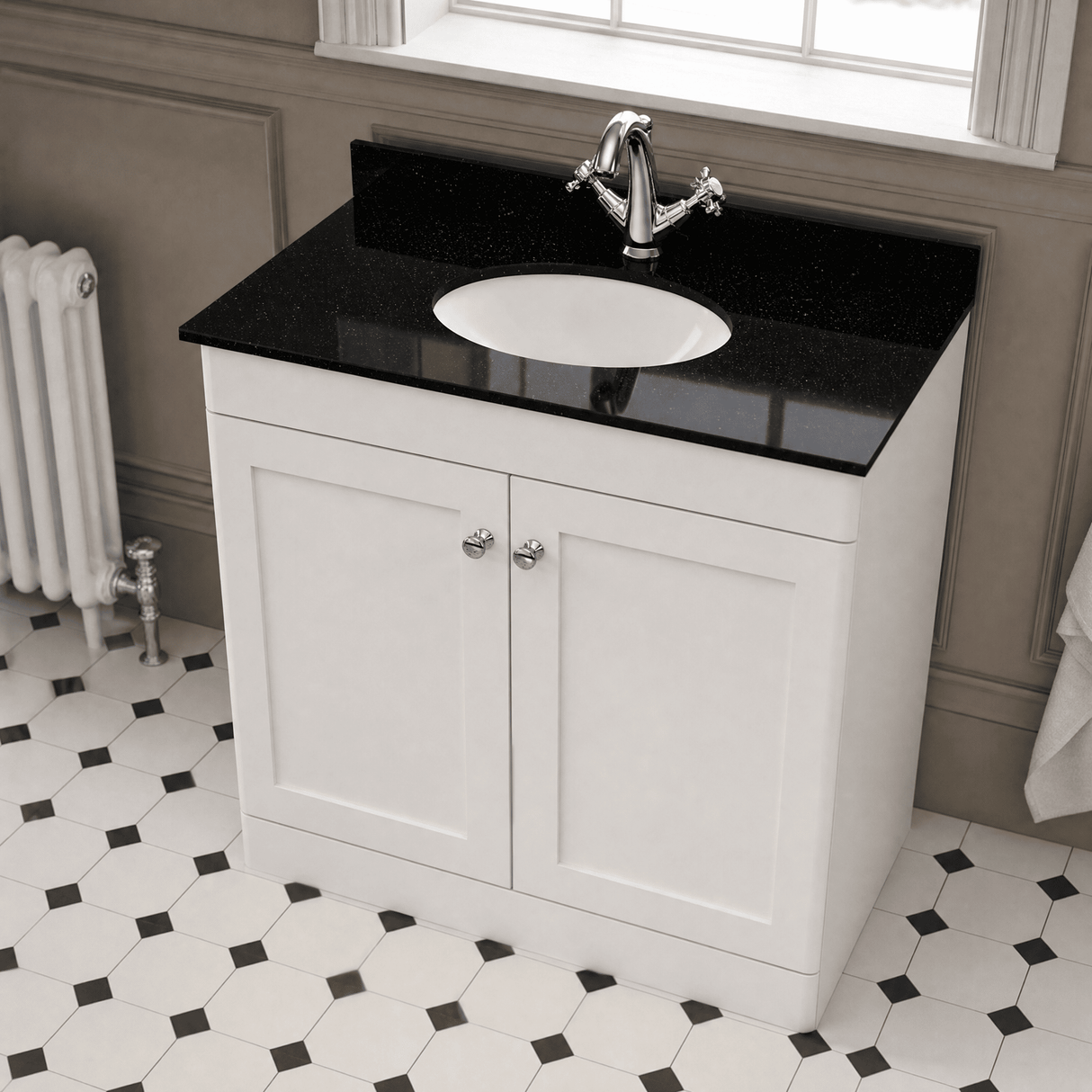 [BFCL126BR1] Swynnerton Traditional 2 Door Floor Standing Vanity Unit with Black Marble Worktop and 1 Tap Hole Basin, Choice of Size and Colour