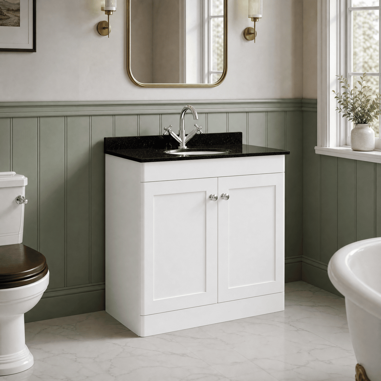 [BFCL126BR1] Swynnerton Traditional 2 Door Floor Standing Vanity Unit with Black Marble Worktop and 1 Tap Hole Basin, Choice of Size and Colour