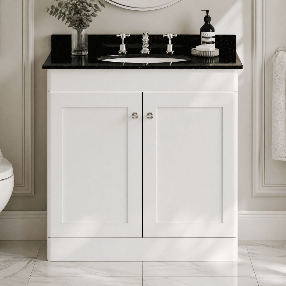 [BFCL126BR3] Swynnerton Traditional 2 Door Floor Standing Vanity Unit with Black Marble Worktop and 3 Tap Hole Basin, Choice of Size and Colour