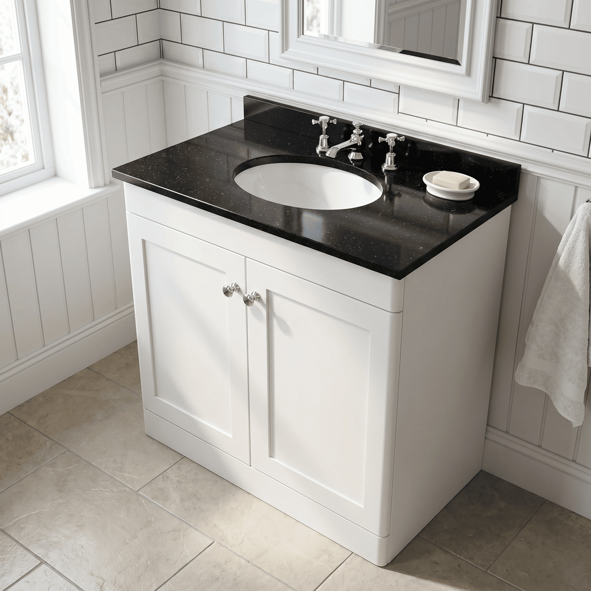 [BFCL126BR3] Swynnerton Traditional 2 Door Floor Standing Vanity Unit with Black Marble Worktop and 3 Tap Hole Basin, Choice of Size and Colour