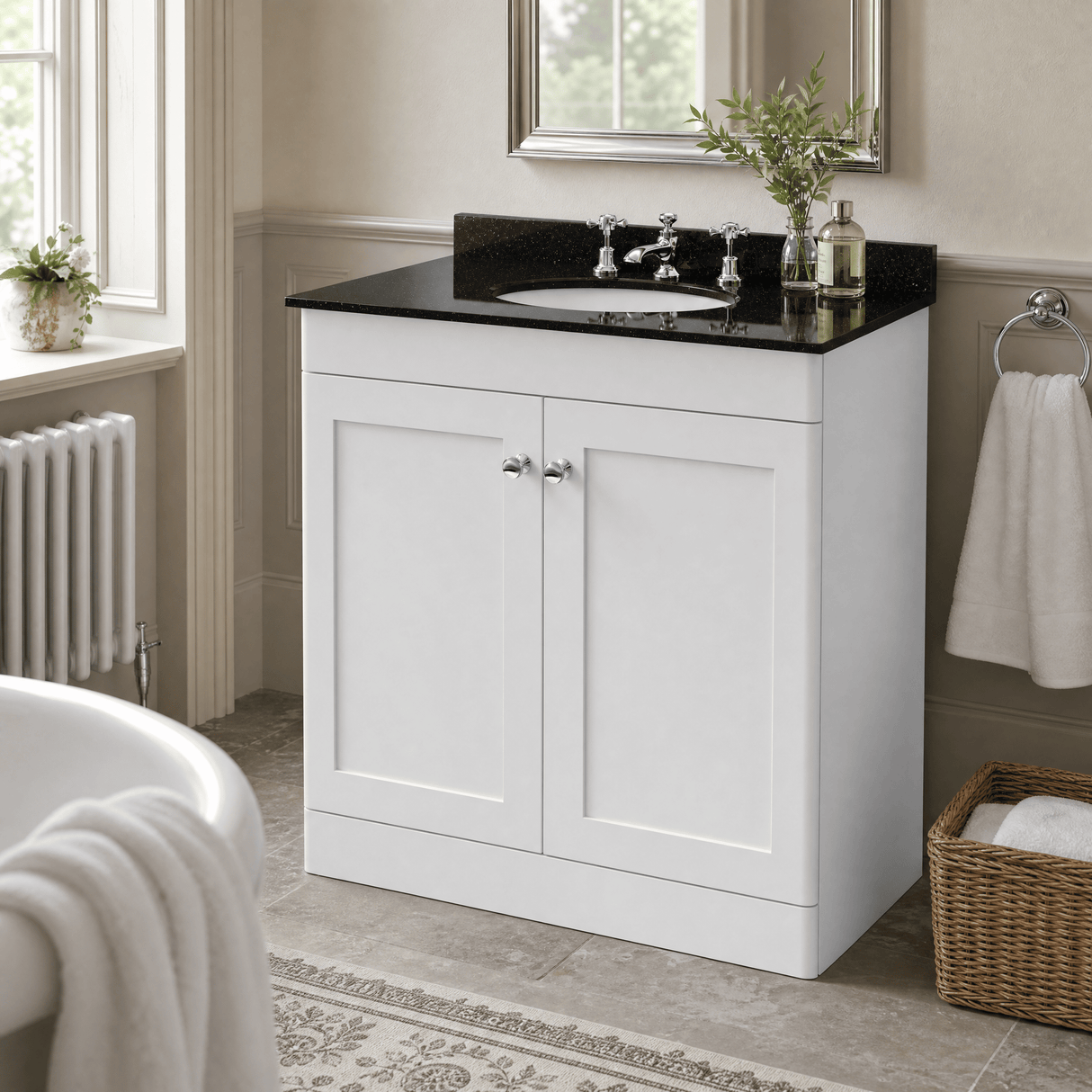 [BFCL126BR3] Swynnerton Traditional 2 Door Floor Standing Vanity Unit with Black Marble Worktop and 3 Tap Hole Basin, Choice of Size and Colour