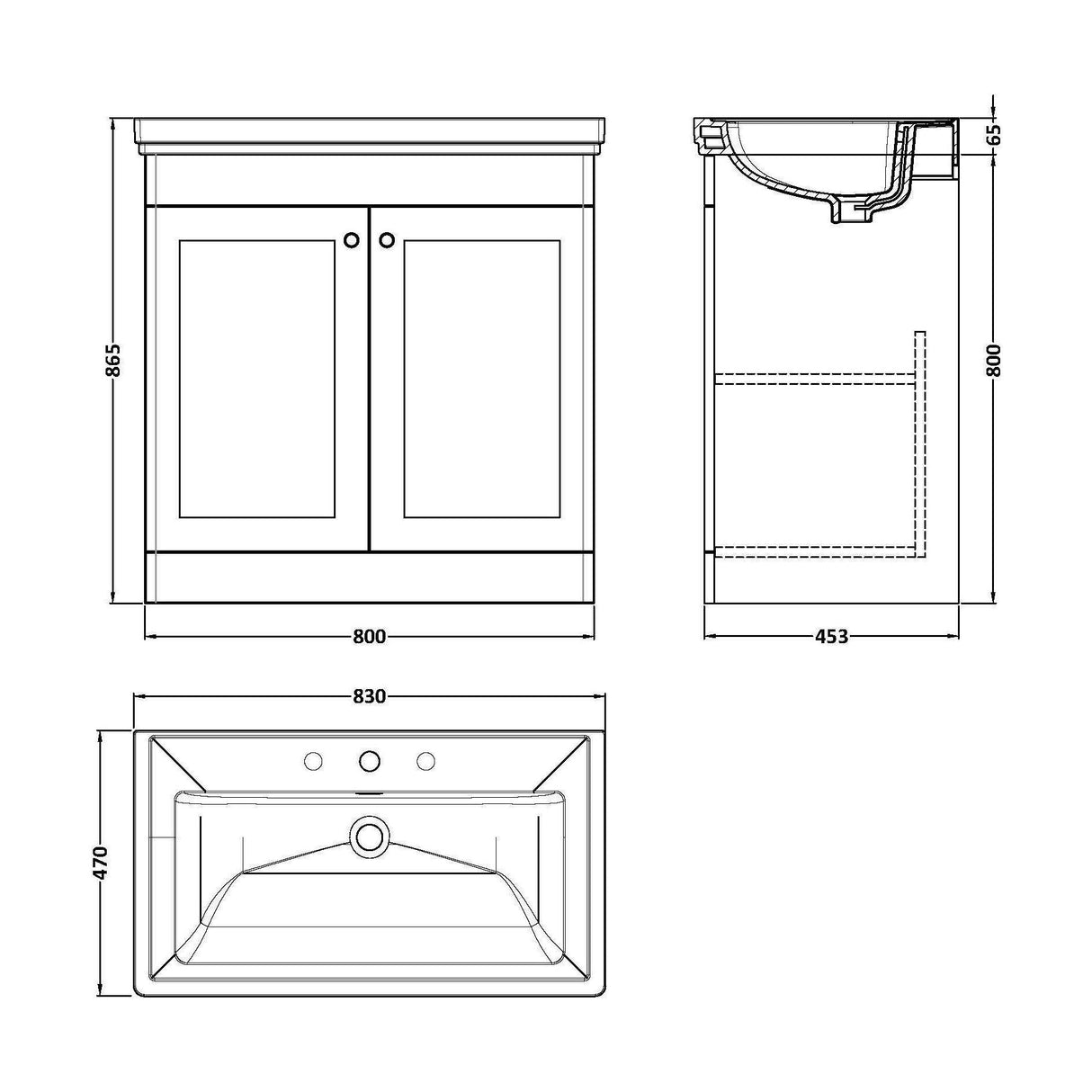 [BFCL126B] Swynnerton Traditional 2 Door Floor Standing Vanity Basin Unit with 3 Tap Hole Traditional Fireclay Basin, Choice of Size and Colour - Technical Drawing