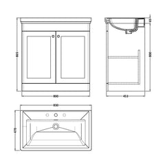 [BFCL126B] Swynnerton Traditional 2 Door Floor Standing Vanity Basin Unit with 3 Tap Hole Traditional Fireclay Basin, Choice of Size and Colour - Technical Drawing