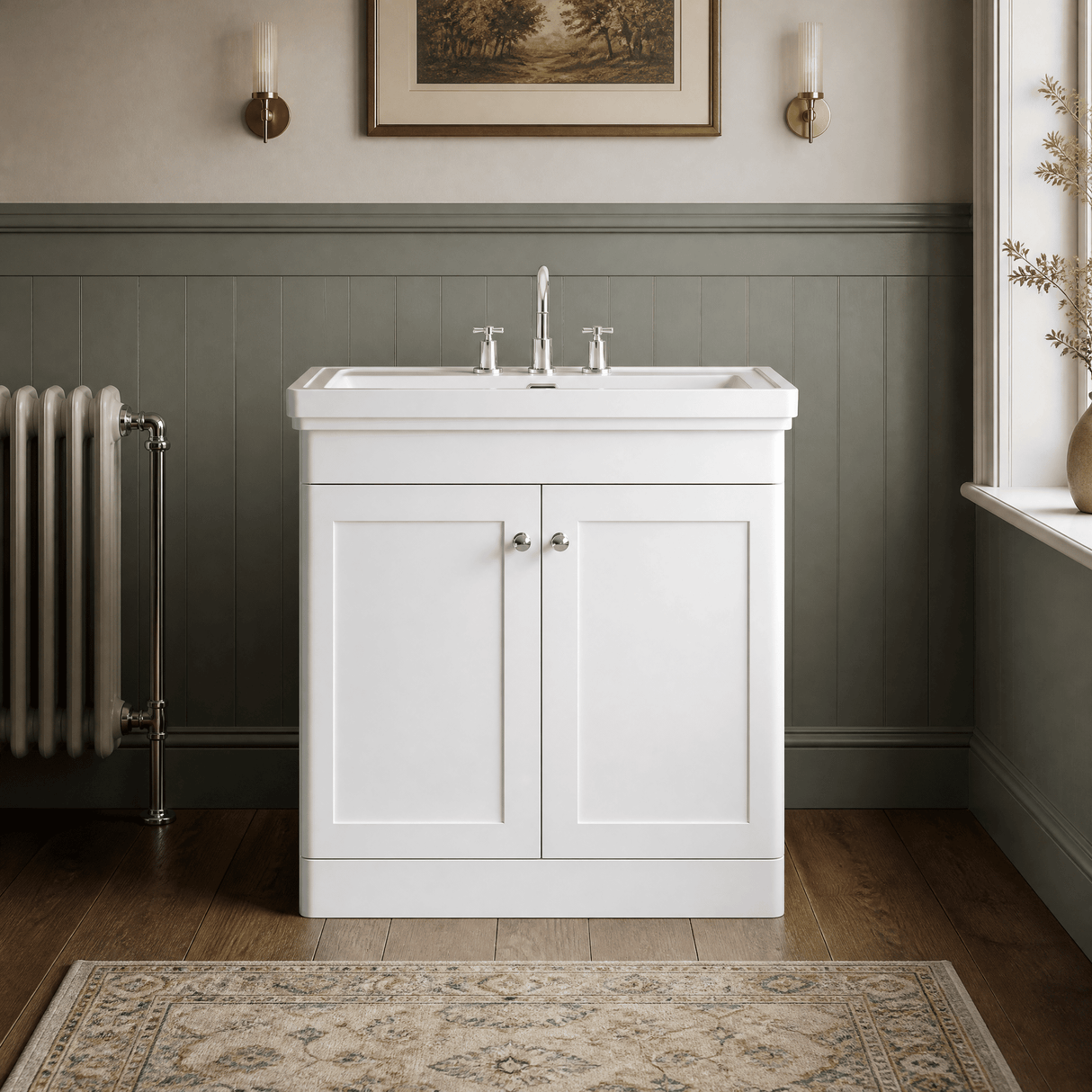 [BFCL126B] Swynnerton Traditional 2 Door Floor Standing Vanity Basin Unit with 3 Tap Hole Traditional Fireclay Basin, Choice of Size and Colour