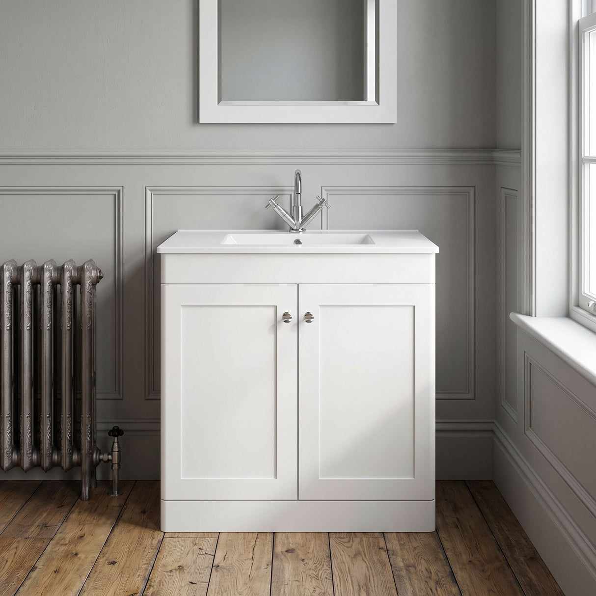 [BFCL126C] Swynnerton Traditional 2 Door Floor Standing Vanity Basin Unit with 1 Tap Hole Minimalist Ceramic Basin, Choice of Size and Colour