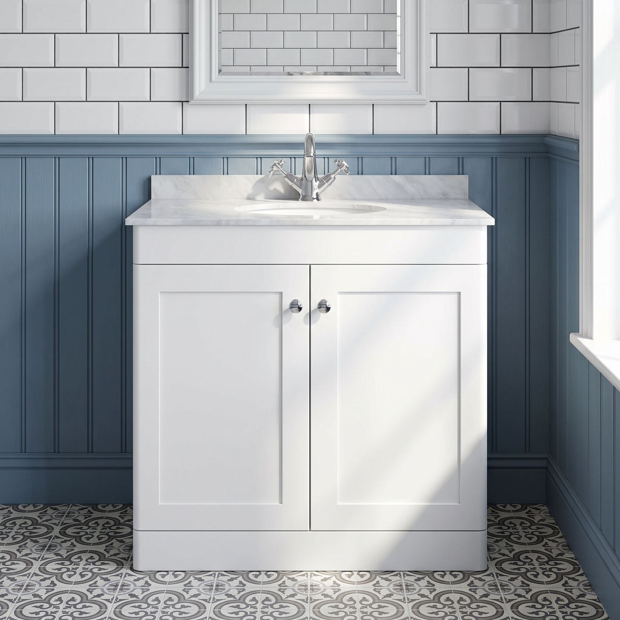 [BFCL126GR1] Swynnerton Traditional 2 Door Floor Standing Vanity Unit with Grey Marble Worktop and 1 Tap Hole Basin, Choice of Size and Colour