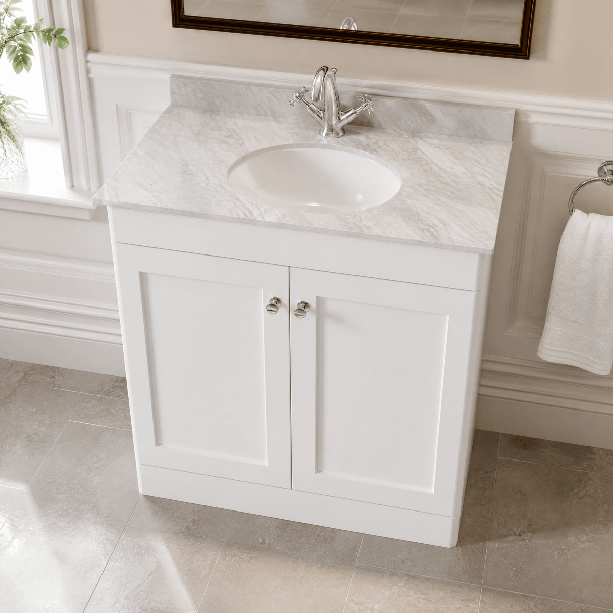 [BFCL126GR1] Swynnerton Traditional 2 Door Floor Standing Vanity Unit with Grey Marble Worktop and 1 Tap Hole Basin, Choice of Size and Colour