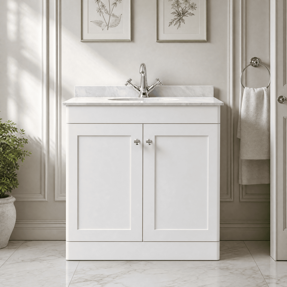 [BFCL126GR1] Swynnerton Traditional 2 Door Floor Standing Vanity Unit with Grey Marble Worktop and 1 Tap Hole Basin, Choice of Size and Colour - Silo