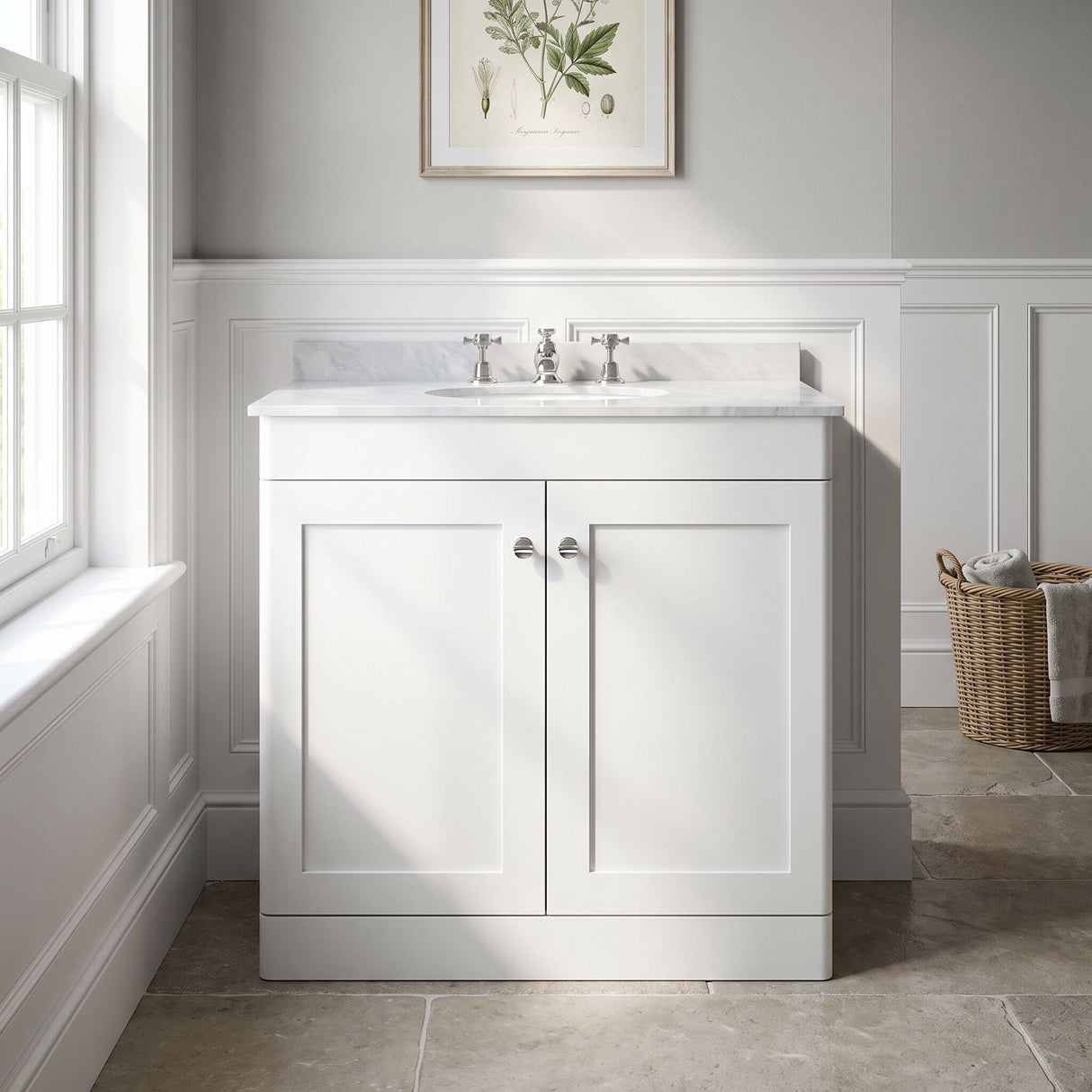 [BFCL126GR3] Swynnerton Traditional 2 Door Floor Standing Vanity Basin Unit with 3 Tap Hole Grey Marble Top Basin, Choice of Size and Colour