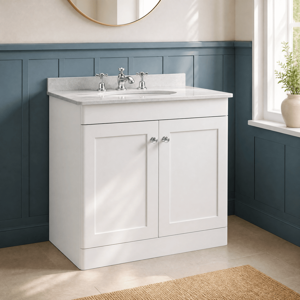 [BFCL126GR3] Swynnerton Traditional 2 Door Floor Standing Vanity Basin Unit with 3 Tap Hole Grey Marble Top Basin, Choice of Size and Colour