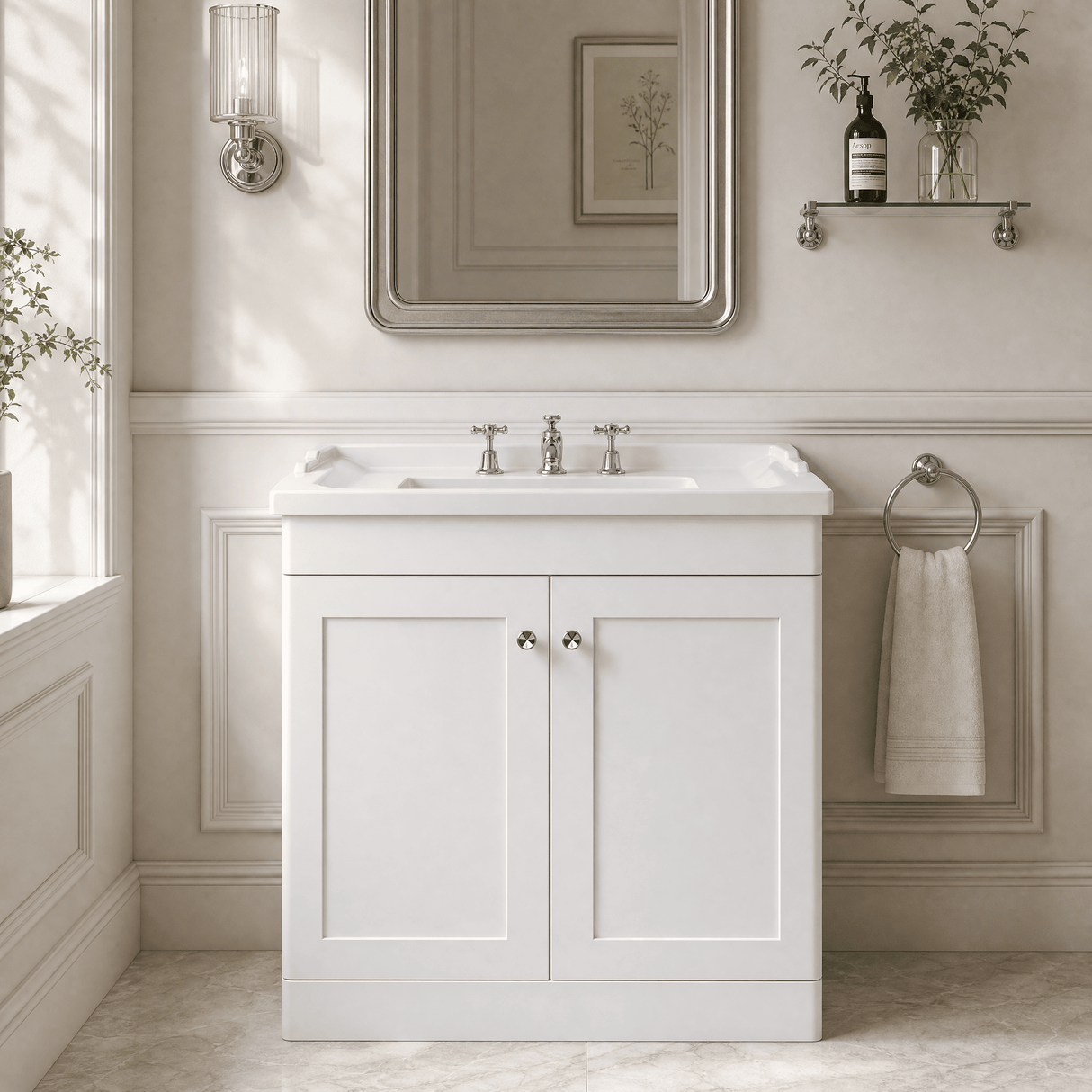 [BFCL126G] Swynnerton Traditional 2 Door Floor Standing Vanity Basin Unit with 3 Tap Hole Traditional Ceramic Basin, Choice of Size and Colour - Silo