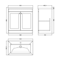 [BFCL126L] Swynnerton Traditional 2 Door Floor Standing Vanity Basin Unit with 1 Tap Hole Modern Fireclay Basin, Choice of Size and Colour - Technical Drawing