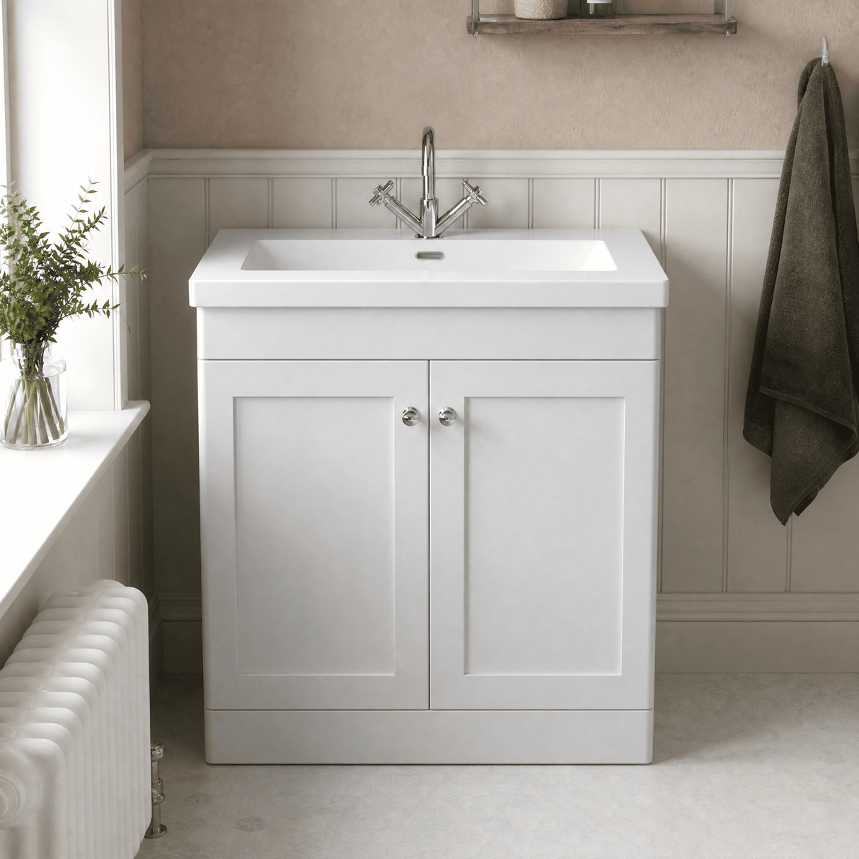 [BFCL126L] Swynnerton Traditional 2 Door Floor Standing Vanity Basin Unit with 1 Tap Hole Modern Fireclay Basin, Choice of Size and Colour