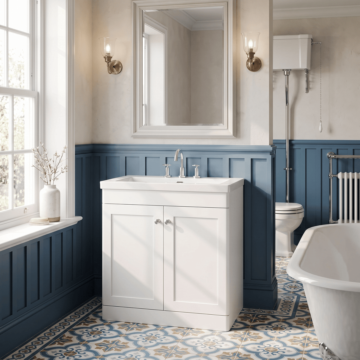 [BFCL126M] Swynnerton Traditional 2 Door Floor Standing Vanity Basin Unit with 3 Tap Hole Modern Fireclay Basin, Choice of Size and Colour