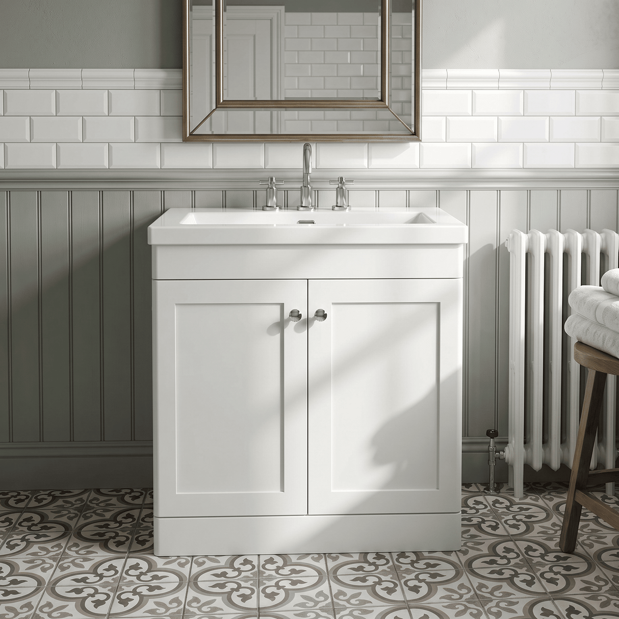 [BFCL126M] Swynnerton Traditional 2 Door Floor Standing Vanity Basin Unit with 3 Tap Hole Modern Fireclay Basin, Choice of Size and Colour - Silo