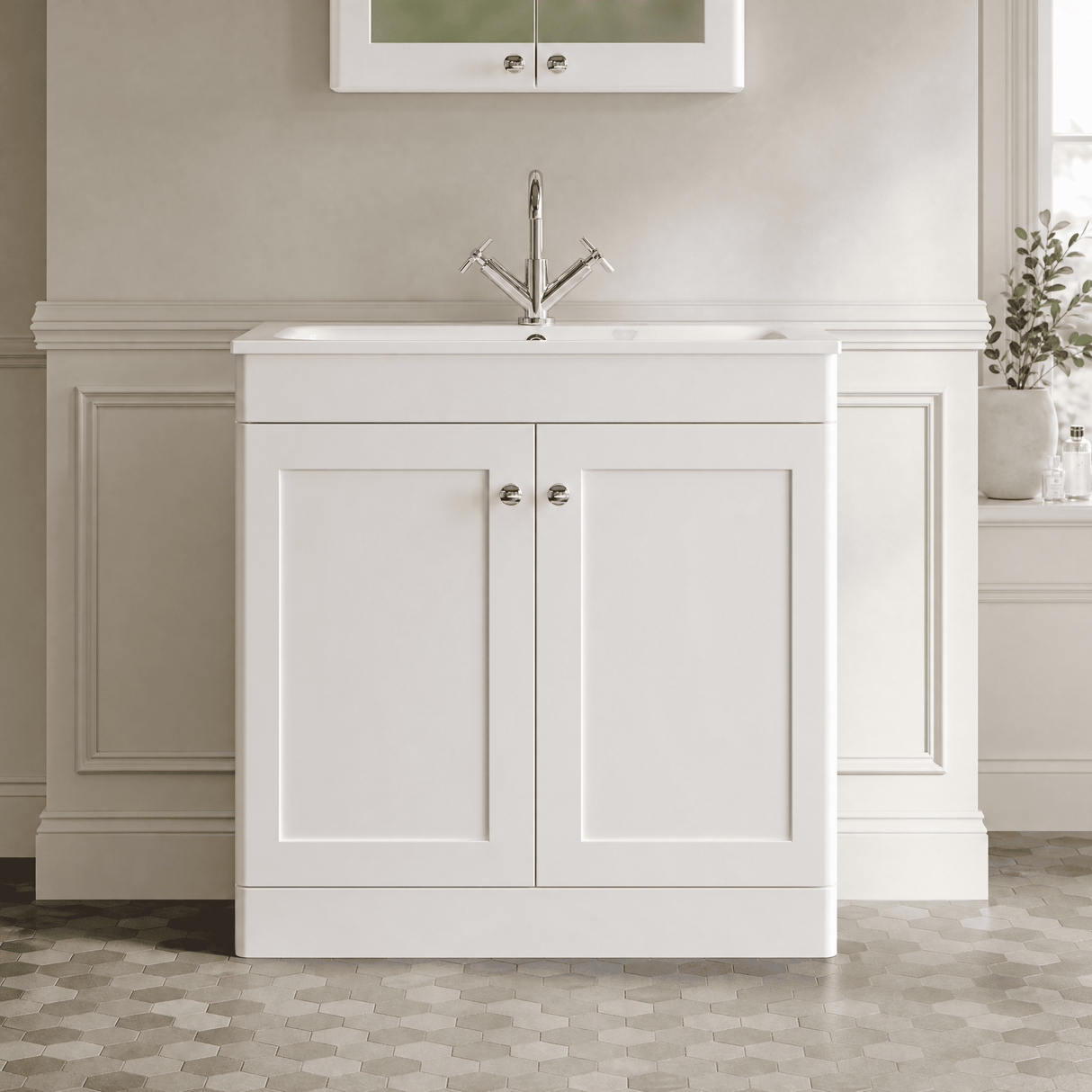 [BFCL126P] Swynnerton Traditional 2 Door Floor Standing Vanity Basin Unit with 1 Tap Hole Stone Basin, Choice of Size and Colour