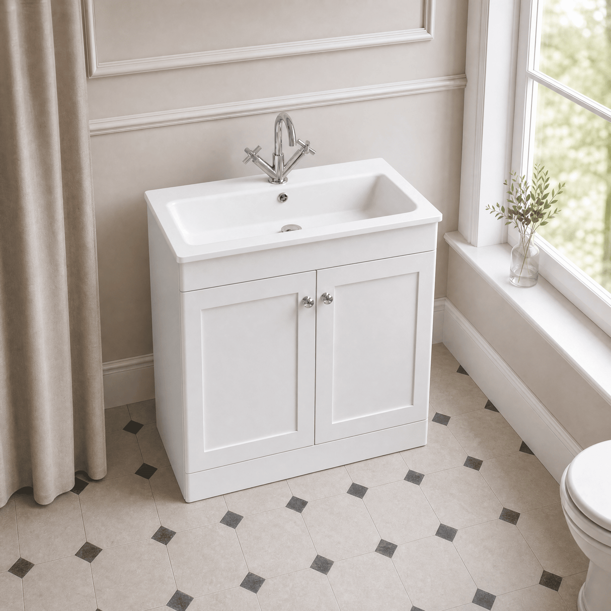 [BFCL126P] Swynnerton Traditional 2 Door Floor Standing Vanity Basin Unit with 1 Tap Hole Stone Basin, Choice of Size and Colour