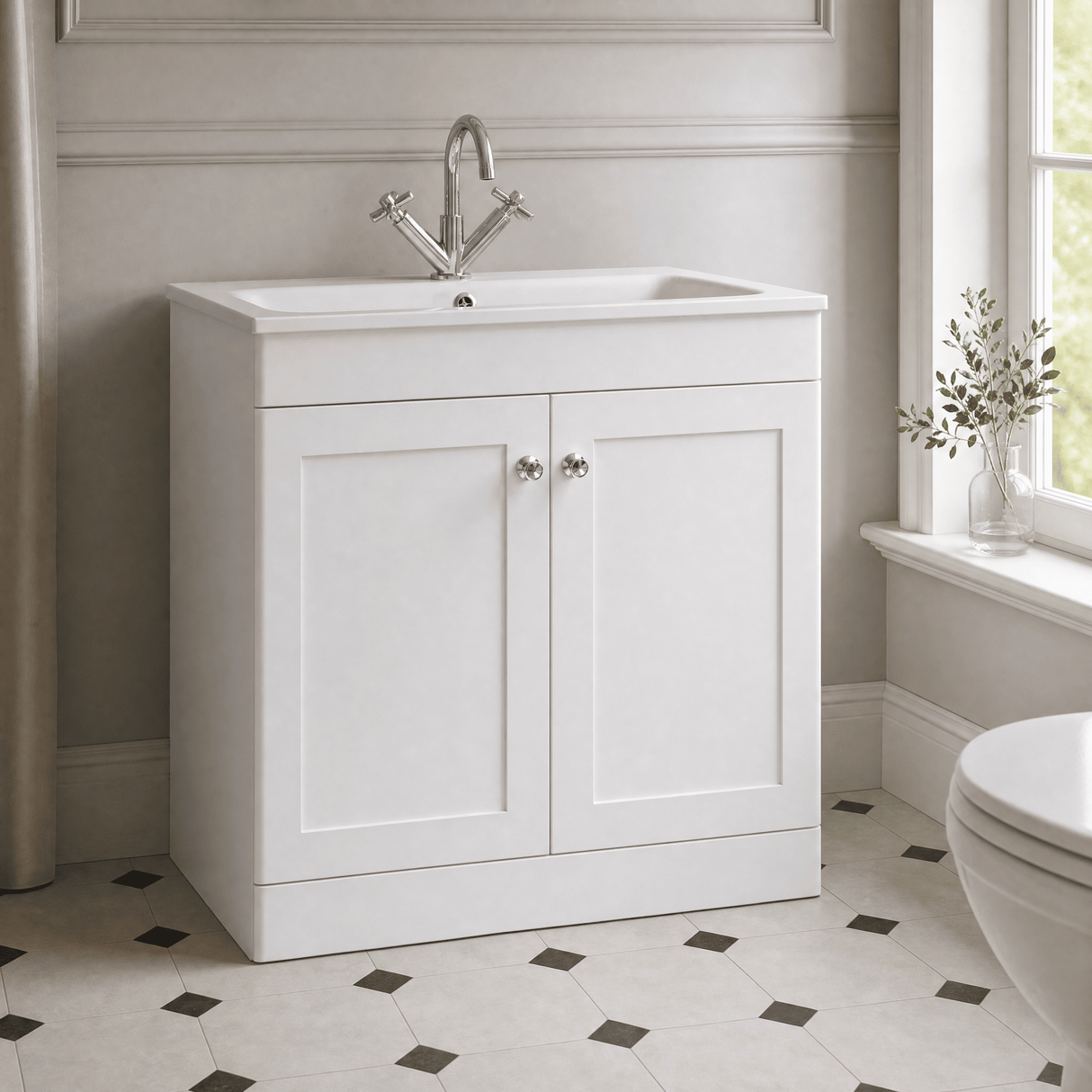 [BFCL126P] Swynnerton Traditional 2 Door Floor Standing Vanity Basin Unit with 1 Tap Hole Stone Basin, Choice of Size and Colour